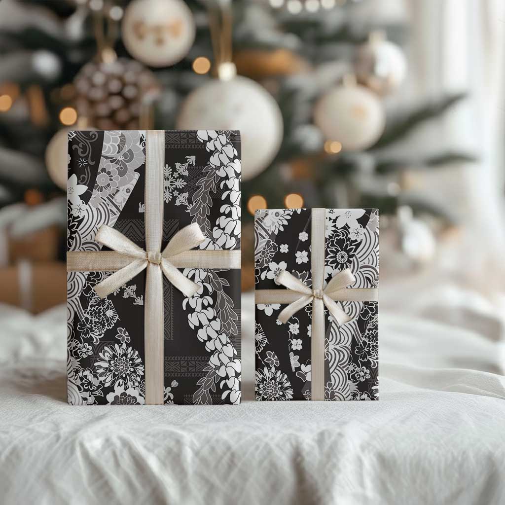 Hawaii Puakenikeni and Maile Lei Wrapping Paper Black Japanese Wave Style LT9 - Polynesian Pride