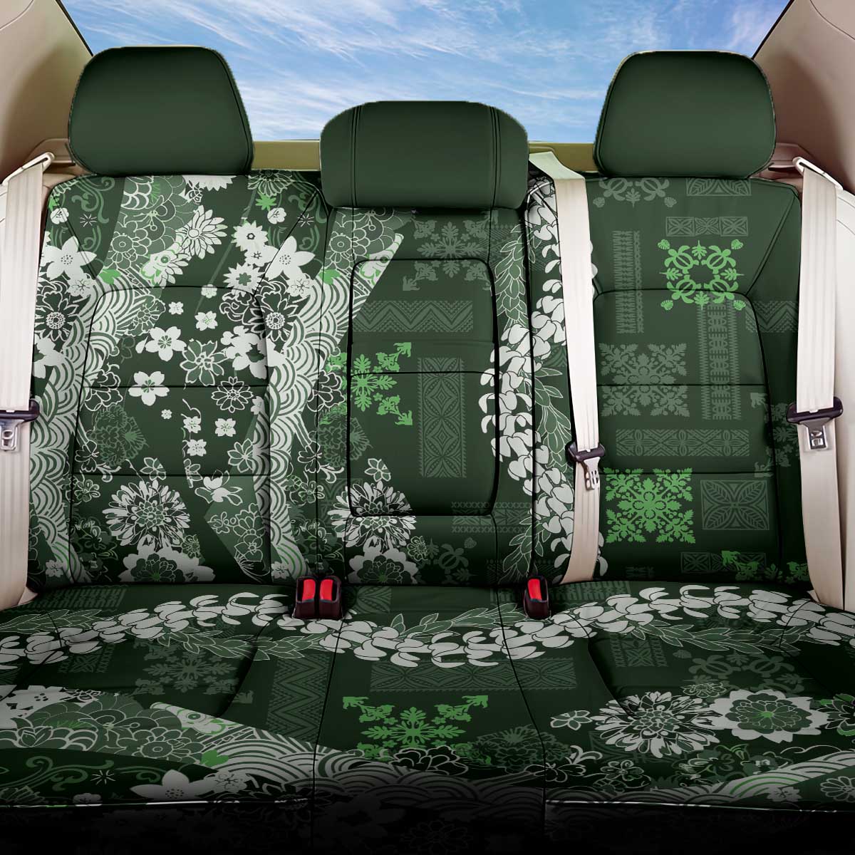 Hawaii Puakenikeni and Maile Lei Back Car Seat Cover Green Japanese Wave Style - Polynesian Pride