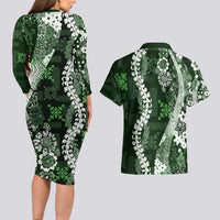 Hawaii Puakenikeni and Maile Lei Couples Matching Long Sleeve Bodycon Dress and Hawaiian Shirt Green Japanese Wave Style LT9 - Polynesian Pride