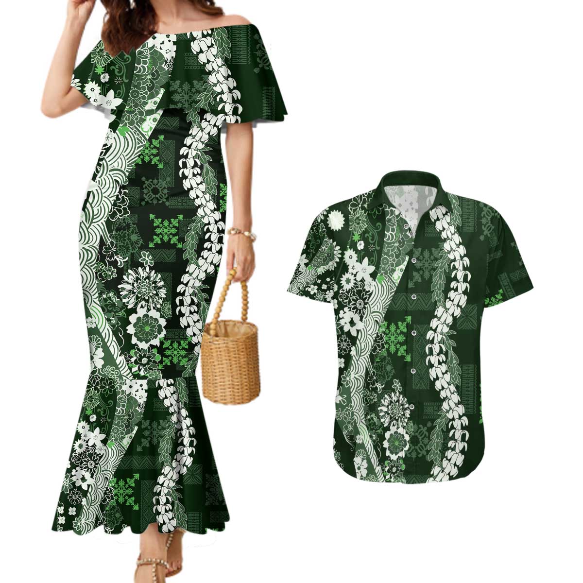 Hawaii Puakenikeni and Maile Lei Couples Matching Mermaid Dress and Hawaiian Shirt Green Japanese Wave Style LT9 Green - Polynesian Pride