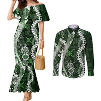 Hawaii Puakenikeni and Maile Lei Couples Matching Mermaid Dress and Long Sleeve Button Shirt Green Japanese Wave Style LT9 Green - Polynesian Pride