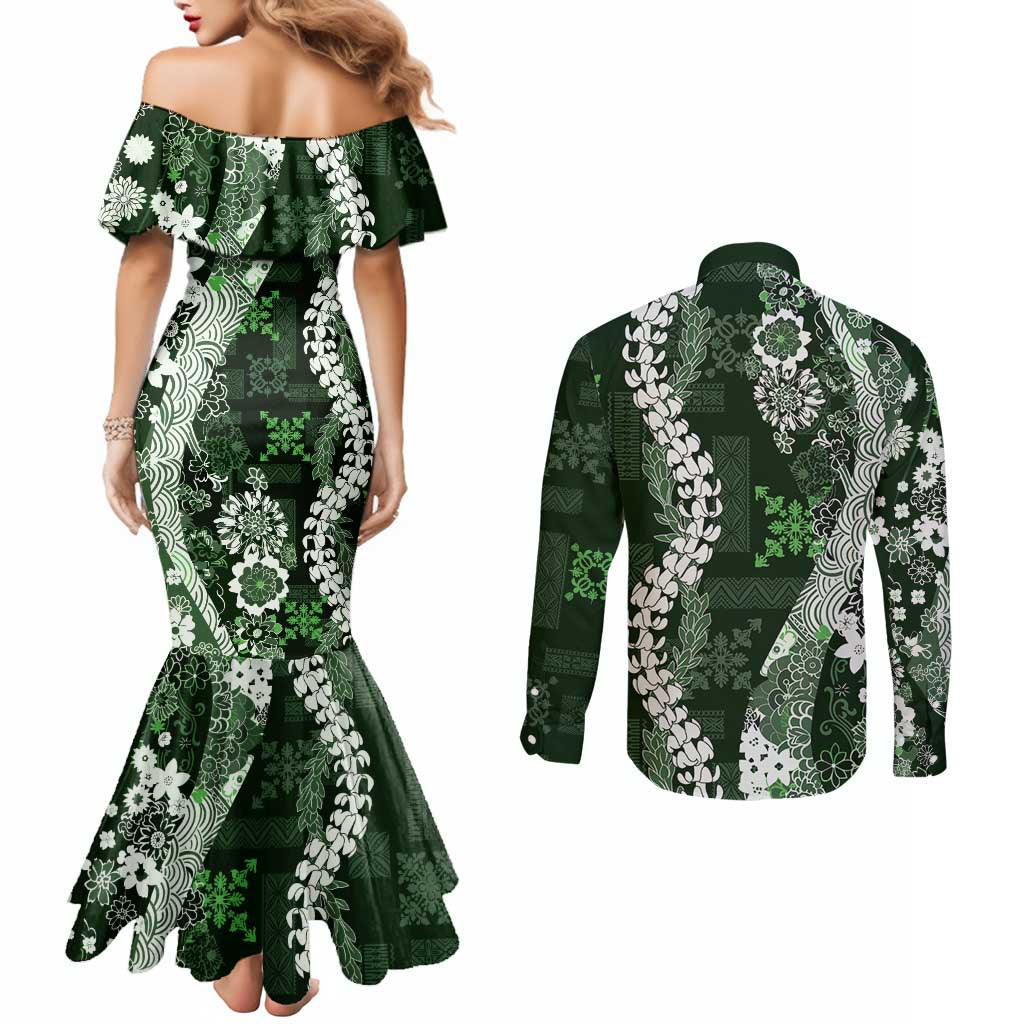 Hawaii Puakenikeni and Maile Lei Couples Matching Mermaid Dress and Long Sleeve Button Shirt Green Japanese Wave Style LT9 - Polynesian Pride
