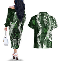 Hawaii Puakenikeni and Maile Lei Couples Matching Off The Shoulder Long Sleeve Dress and Hawaiian Shirt Green Japanese Wave Style LT9 - Polynesian Pride