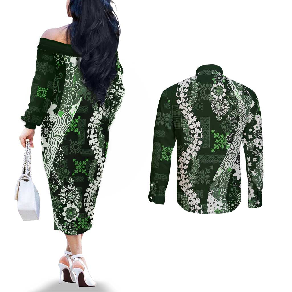 Hawaii Puakenikeni and Maile Lei Couples Matching Off The Shoulder Long Sleeve Dress and Long Sleeve Button Shirt Green Japanese Wave Style LT9 - Polynesian Pride