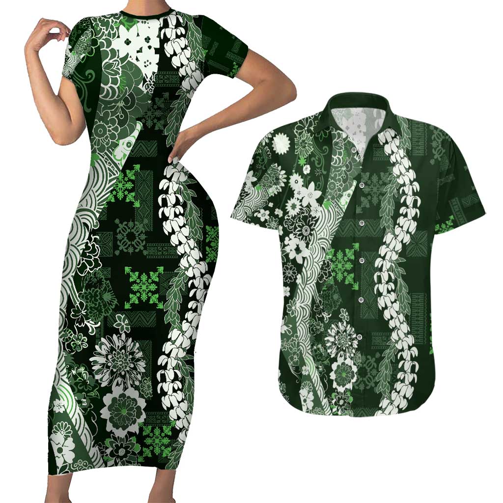 Hawaii Puakenikeni and Maile Lei Couples Matching Short Sleeve Bodycon Dress and Hawaiian Shirt Green Japanese Wave Style LT9 Green - Polynesian Pride