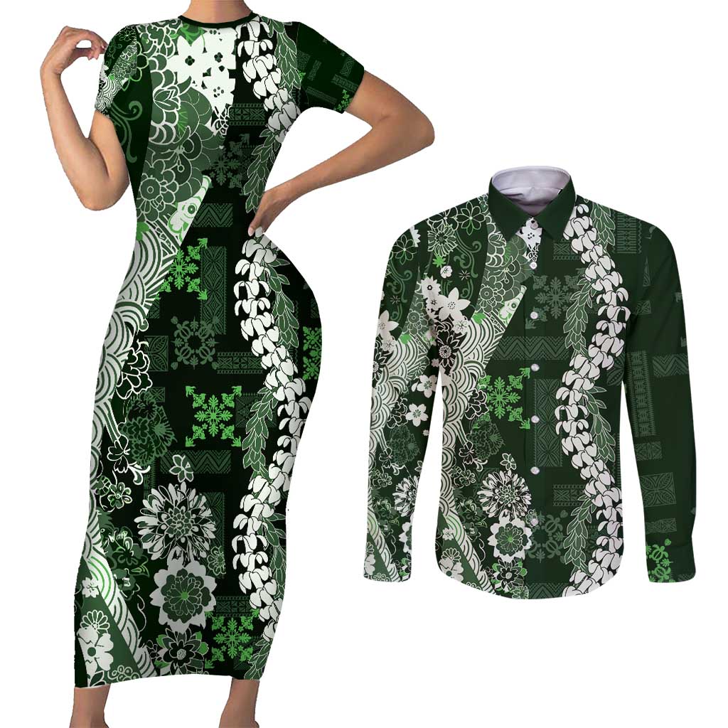 Hawaii Puakenikeni and Maile Lei Couples Matching Short Sleeve Bodycon Dress and Long Sleeve Button Shirt Green Japanese Wave Style LT9 Green - Polynesian Pride