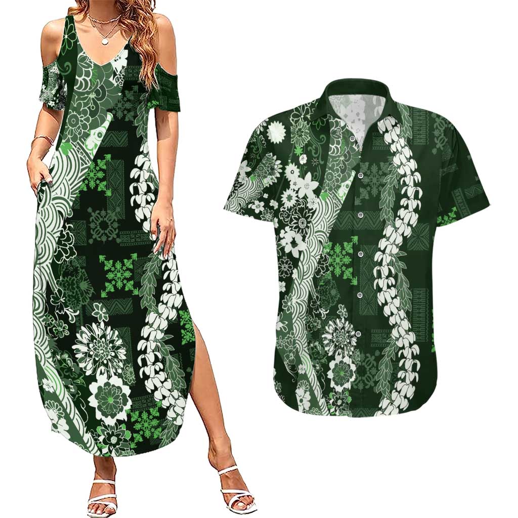 Hawaii Puakenikeni and Maile Lei Couples Matching Summer Maxi Dress and Hawaiian Shirt Green Japanese Wave Style LT9 Green - Polynesian Pride