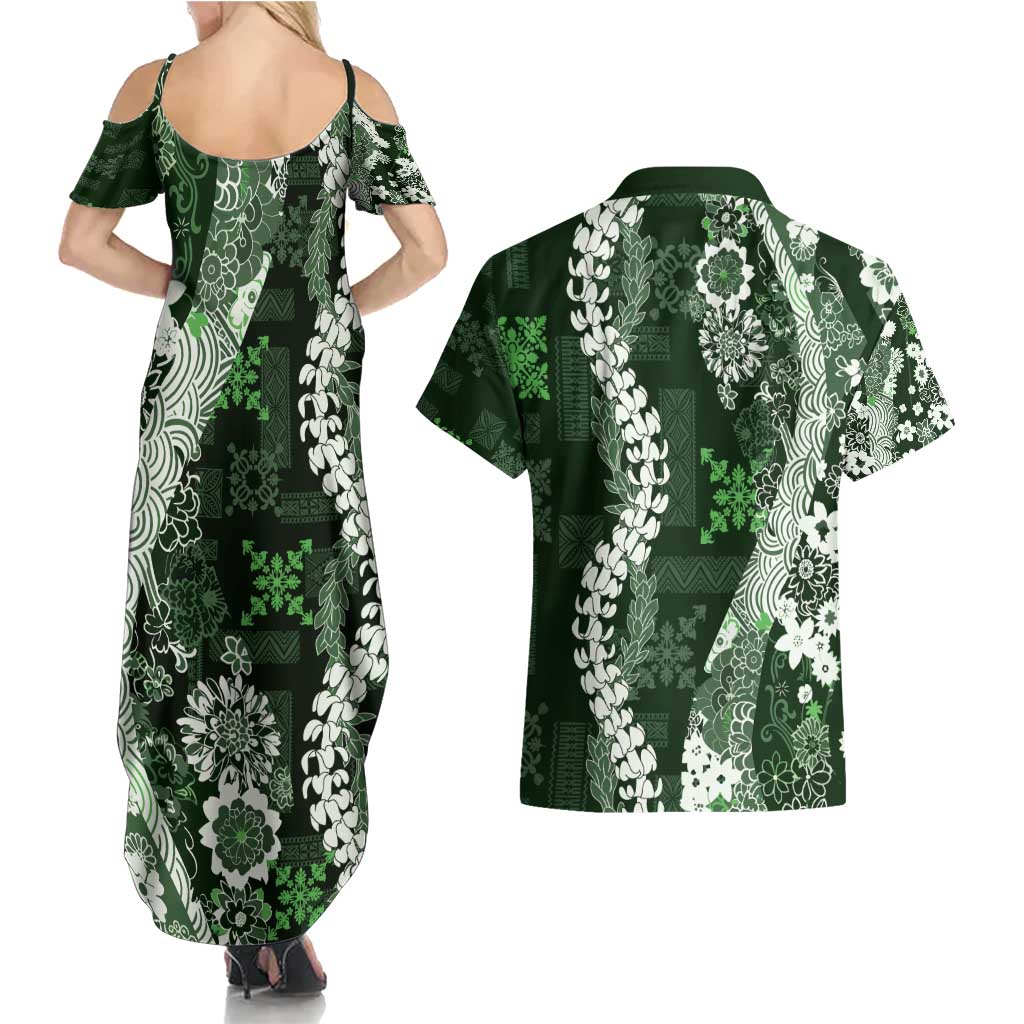 Hawaii Puakenikeni and Maile Lei Couples Matching Summer Maxi Dress and Hawaiian Shirt Green Japanese Wave Style LT9 - Polynesian Pride