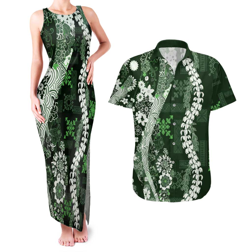 Hawaii Puakenikeni and Maile Lei Couples Matching Tank Maxi Dress and Hawaiian Shirt Green Japanese Wave Style LT9 Green - Polynesian Pride