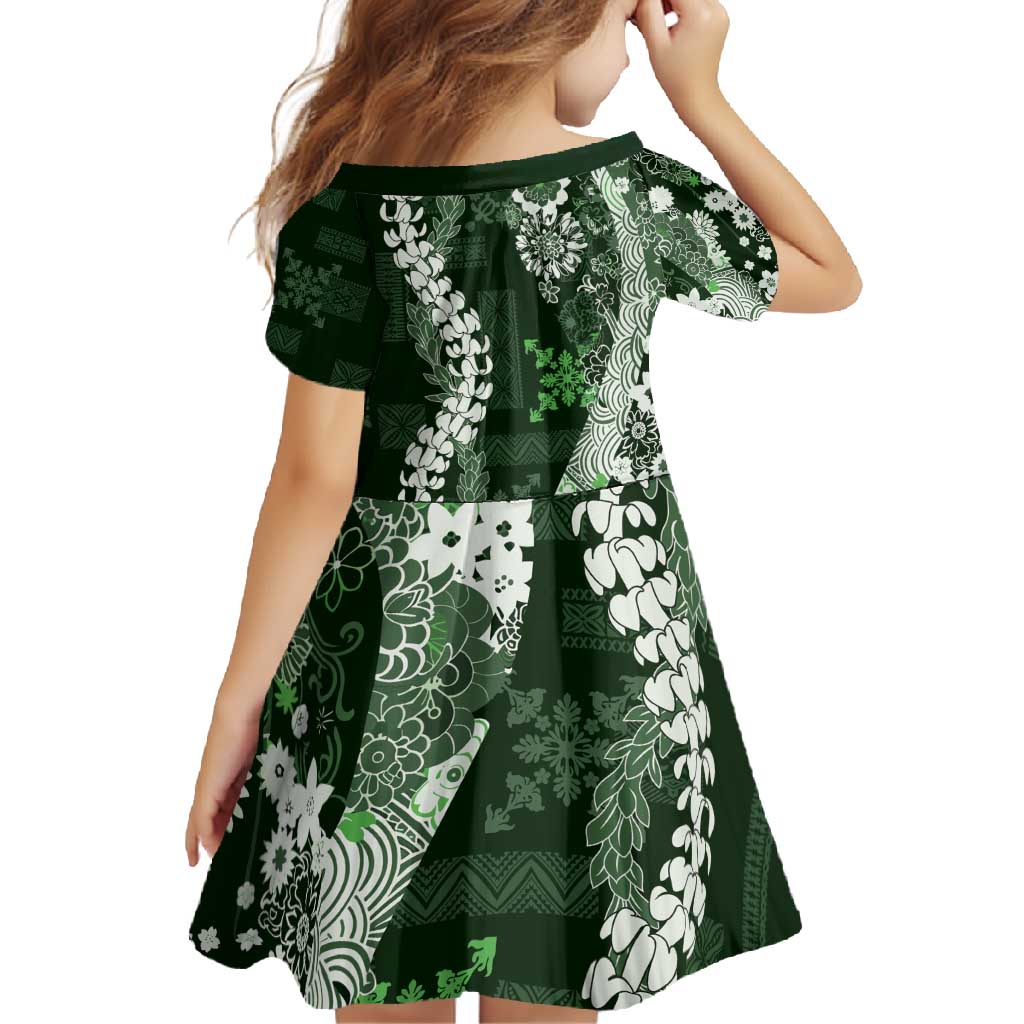Hawaii Puakenikeni and Maile Lei Family Matching Long Sleeve Bodycon Dress and Hawaiian Shirt Green Japanese Wave Style LT9 - Polynesian Pride