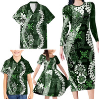 Hawaii Puakenikeni and Maile Lei Family Matching Long Sleeve Bodycon Dress and Hawaiian Shirt Green Japanese Wave Style LT9 - Polynesian Pride