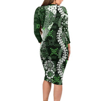 Hawaii Puakenikeni and Maile Lei Family Matching Long Sleeve Bodycon Dress and Hawaiian Shirt Green Japanese Wave Style LT9 - Polynesian Pride
