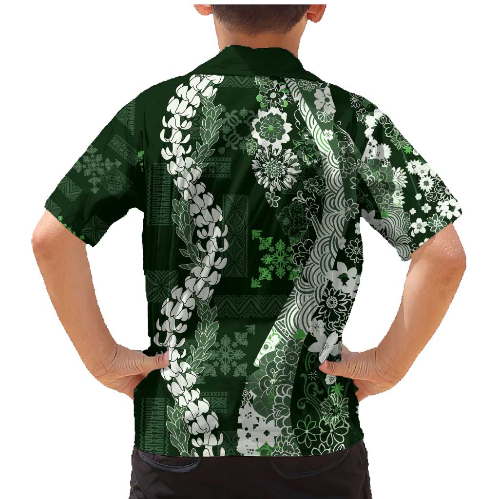Hawaii Puakenikeni and Maile Lei Family Matching Mermaid Dress and Hawaiian Shirt Green Japanese Wave Style LT9 - Polynesian Pride