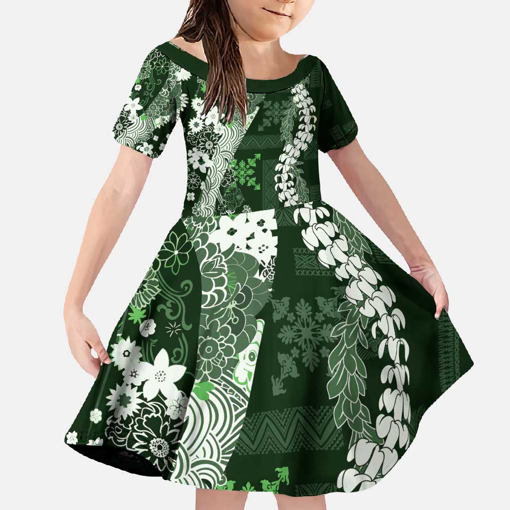 Hawaii Puakenikeni and Maile Lei Family Matching Mermaid Dress and Hawaiian Shirt Green Japanese Wave Style LT9 Daughter's Dress Green - Polynesian Pride