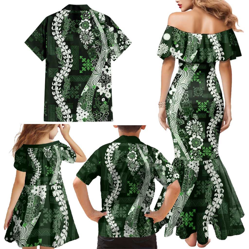 Hawaii Puakenikeni and Maile Lei Family Matching Mermaid Dress and Hawaiian Shirt Green Japanese Wave Style LT9 - Polynesian Pride
