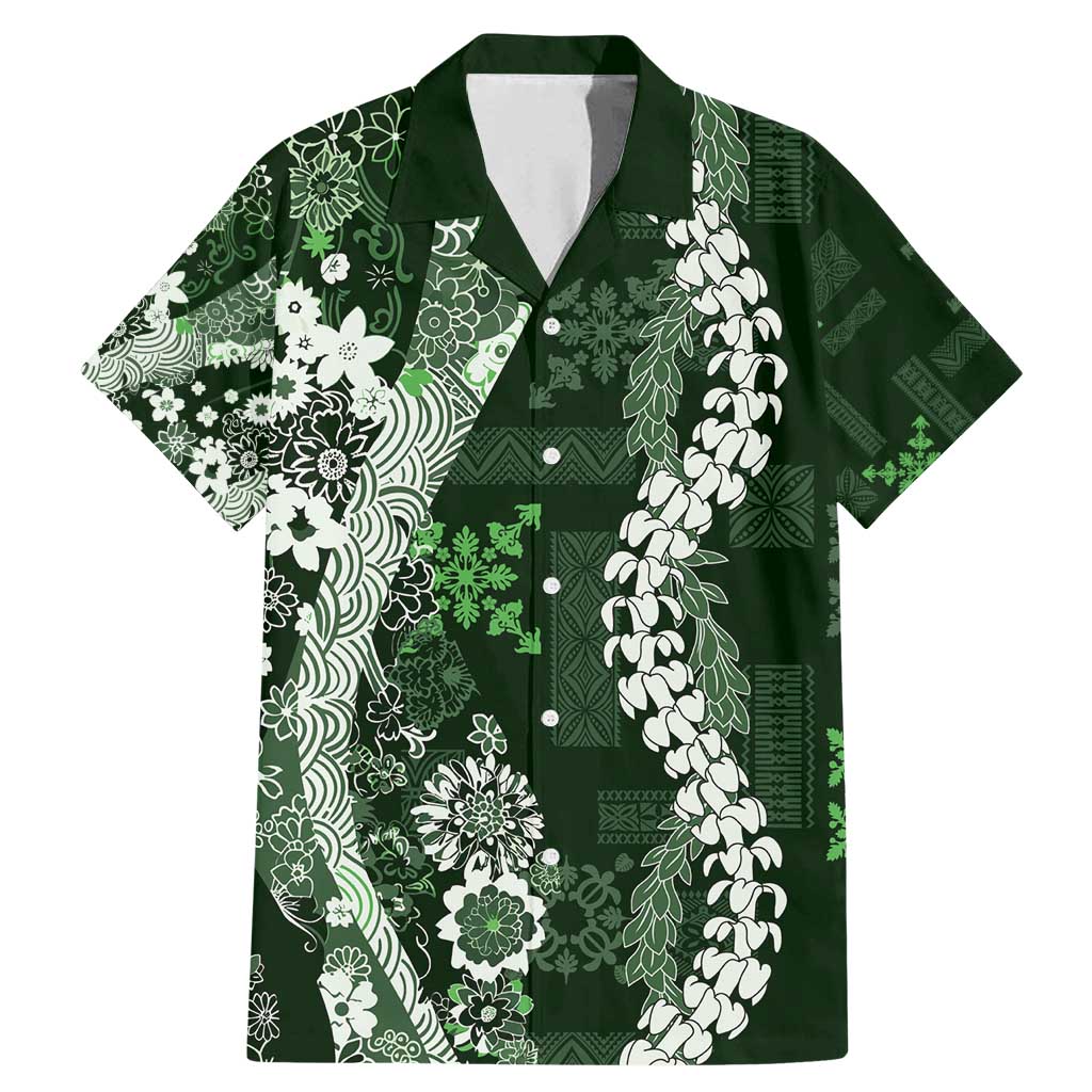 Hawaii Puakenikeni and Maile Lei Family Matching Mermaid Dress and Hawaiian Shirt Green Japanese Wave Style LT9 Dad's Shirt - Short Sleeve Green - Polynesian Pride