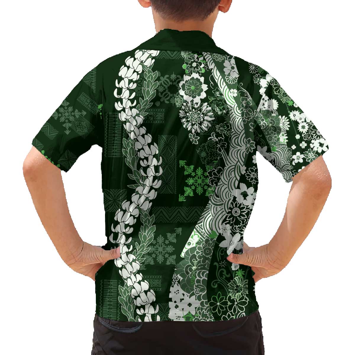 Hawaii Puakenikeni and Maile Lei Family Matching Off The Shoulder Long Sleeve Dress and Hawaiian Shirt Green Japanese Wave Style LT9 - Polynesian Pride