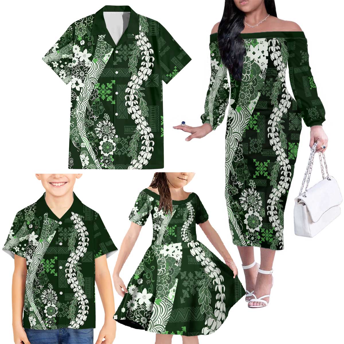 Hawaii Puakenikeni and Maile Lei Family Matching Off The Shoulder Long Sleeve Dress and Hawaiian Shirt Green Japanese Wave Style LT9 - Polynesian Pride