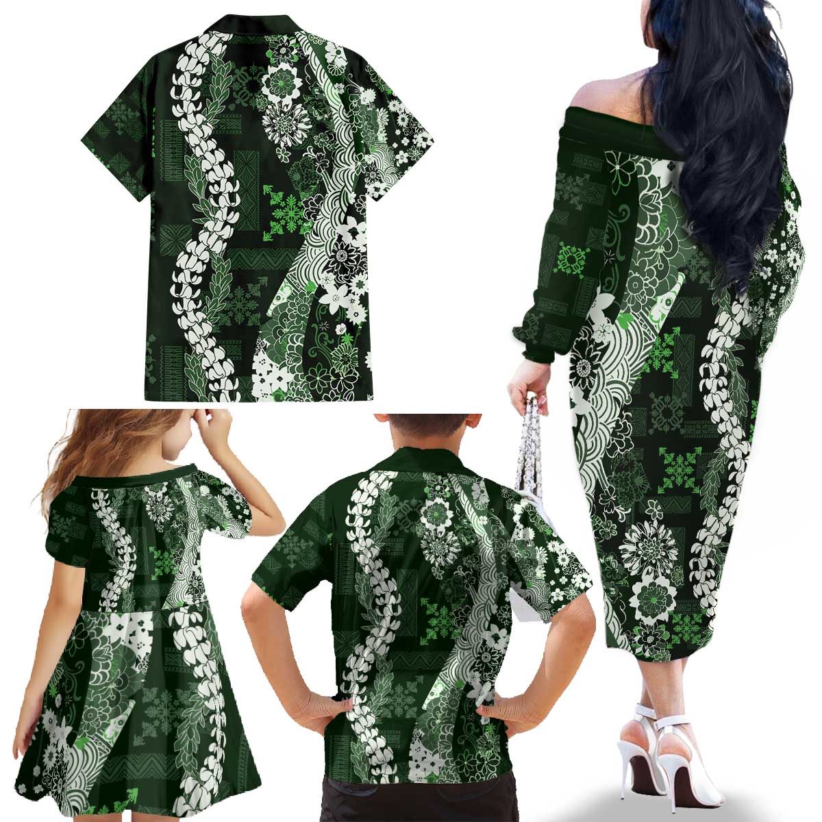 Hawaii Puakenikeni and Maile Lei Family Matching Off The Shoulder Long Sleeve Dress and Hawaiian Shirt Green Japanese Wave Style LT9 - Polynesian Pride