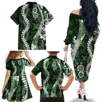 Hawaii Puakenikeni and Maile Lei Family Matching Off The Shoulder Long Sleeve Dress and Hawaiian Shirt Green Japanese Wave Style LT9 - Polynesian Pride