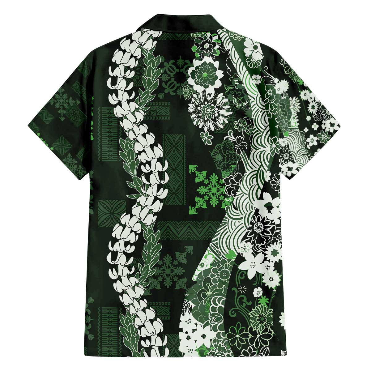 Hawaii Puakenikeni and Maile Lei Family Matching Off The Shoulder Long Sleeve Dress and Hawaiian Shirt Green Japanese Wave Style LT9 - Polynesian Pride