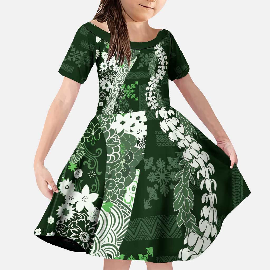 Hawaii Puakenikeni and Maile Lei Family Matching Off Shoulder Maxi Dress and Hawaiian Shirt Green Japanese Wave Style LT9 Daughter's Dress Green - Polynesian Pride