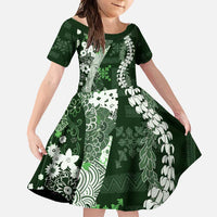 Hawaii Puakenikeni and Maile Lei Family Matching Off Shoulder Maxi Dress and Hawaiian Shirt Green Japanese Wave Style LT9 Daughter's Dress Green - Polynesian Pride