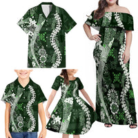 Hawaii Puakenikeni and Maile Lei Family Matching Off Shoulder Maxi Dress and Hawaiian Shirt Green Japanese Wave Style LT9 - Polynesian Pride