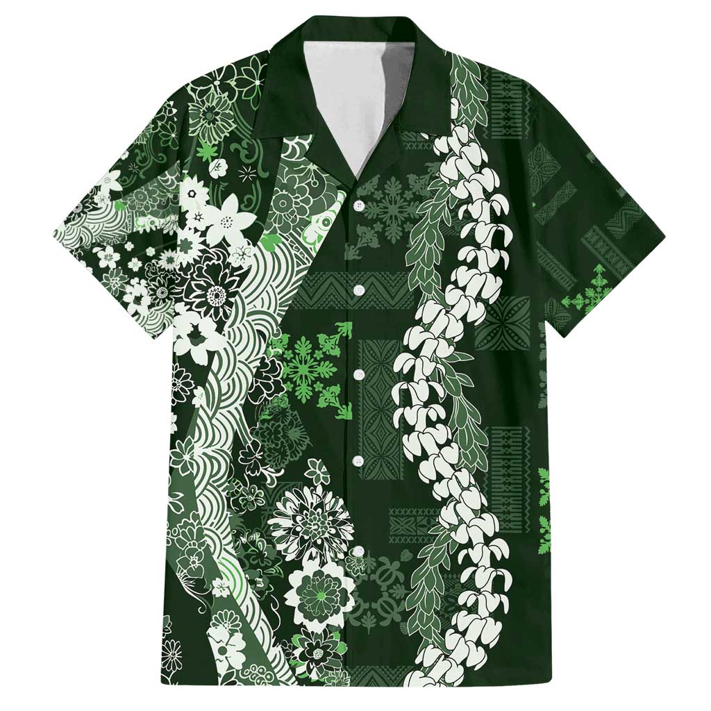 Hawaii Puakenikeni and Maile Lei Family Matching Off Shoulder Maxi Dress and Hawaiian Shirt Green Japanese Wave Style LT9 Dad's Shirt - Short Sleeve Green - Polynesian Pride