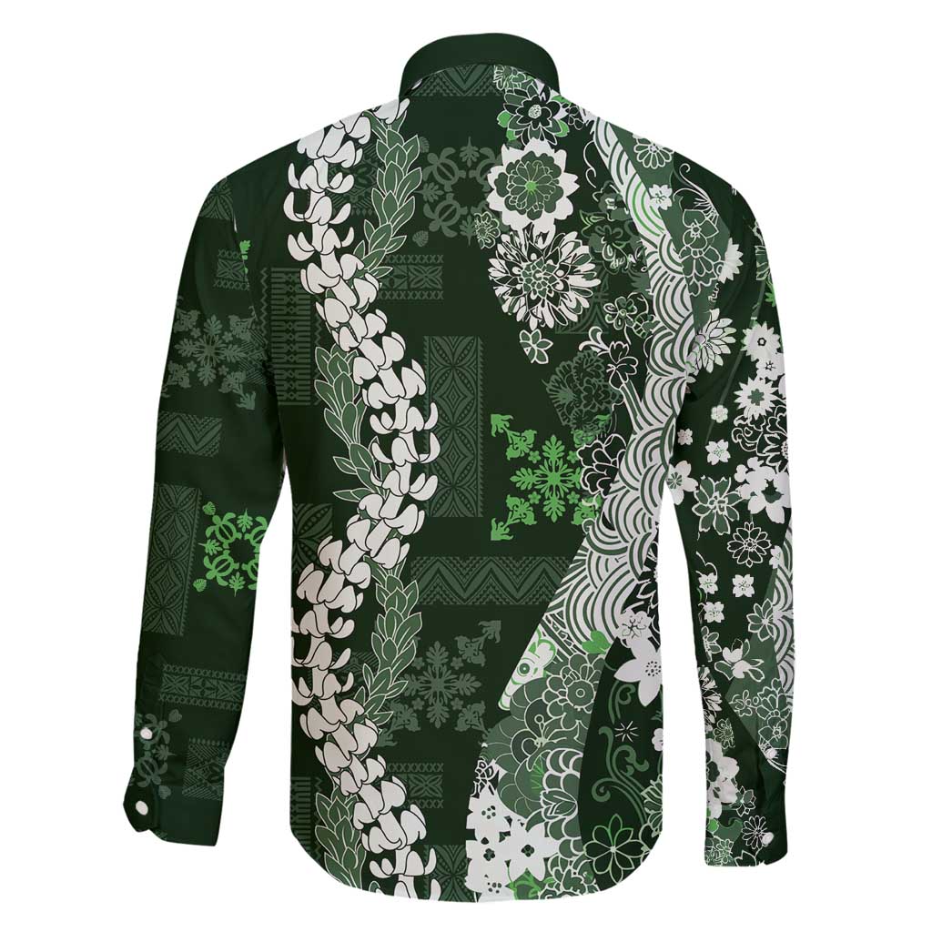 Hawaii Puakenikeni and Maile Lei Family Matching Off Shoulder Maxi Dress and Hawaiian Shirt Green Japanese Wave Style LT9 - Polynesian Pride
