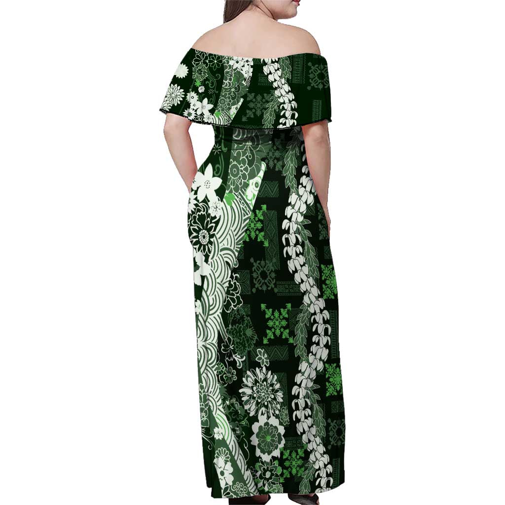Hawaii Puakenikeni and Maile Lei Family Matching Off Shoulder Maxi Dress and Hawaiian Shirt Green Japanese Wave Style LT9 - Polynesian Pride