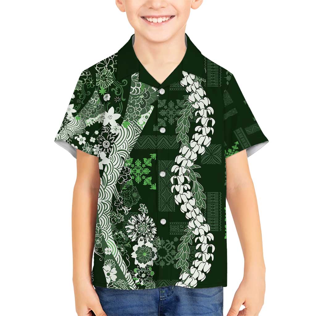 Hawaii Puakenikeni and Maile Lei Family Matching Off Shoulder Maxi Dress and Hawaiian Shirt Green Japanese Wave Style LT9 Son's Shirt Green - Polynesian Pride