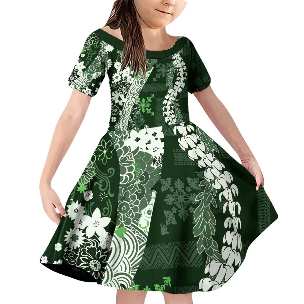 Hawaii Puakenikeni and Maile Lei Family Matching Off Shoulder Short Dress and Hawaiian Shirt Green Japanese Wave Style LT9 Daughter's Dress Green - Polynesian Pride