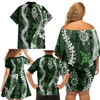 Hawaii Puakenikeni and Maile Lei Family Matching Off Shoulder Short Dress and Hawaiian Shirt Green Japanese Wave Style LT9 - Polynesian Pride