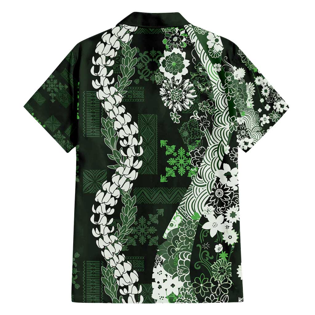 Hawaii Puakenikeni and Maile Lei Family Matching Off Shoulder Short Dress and Hawaiian Shirt Green Japanese Wave Style LT9 - Polynesian Pride