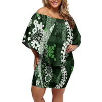Hawaii Puakenikeni and Maile Lei Family Matching Off Shoulder Short Dress and Hawaiian Shirt Green Japanese Wave Style LT9 Mom's Dress Green - Polynesian Pride