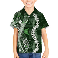 Hawaii Puakenikeni and Maile Lei Family Matching Off Shoulder Short Dress and Hawaiian Shirt Green Japanese Wave Style LT9 Son's Shirt Green - Polynesian Pride