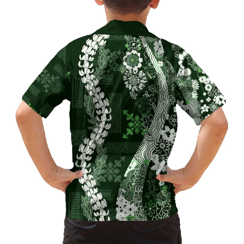 Hawaii Puakenikeni and Maile Lei Family Matching Puletasi and Hawaiian Shirt Green Japanese Wave Style LT9 - Polynesian Pride