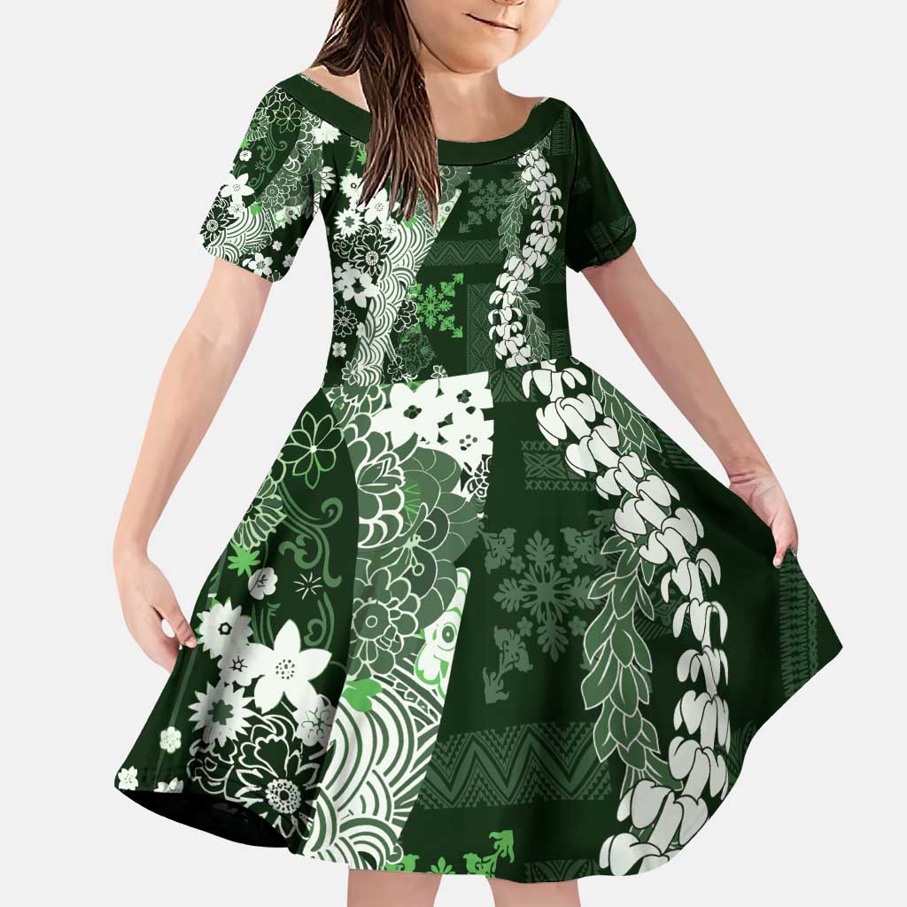 Hawaii Puakenikeni and Maile Lei Family Matching Puletasi and Hawaiian Shirt Green Japanese Wave Style LT9 Daughter's Dress Green - Polynesian Pride
