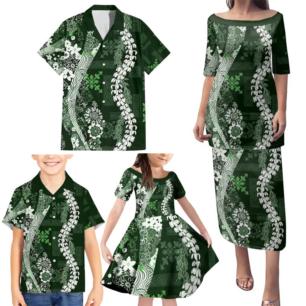 Hawaii Puakenikeni and Maile Lei Family Matching Puletasi and Hawaiian Shirt Green Japanese Wave Style LT9 - Polynesian Pride