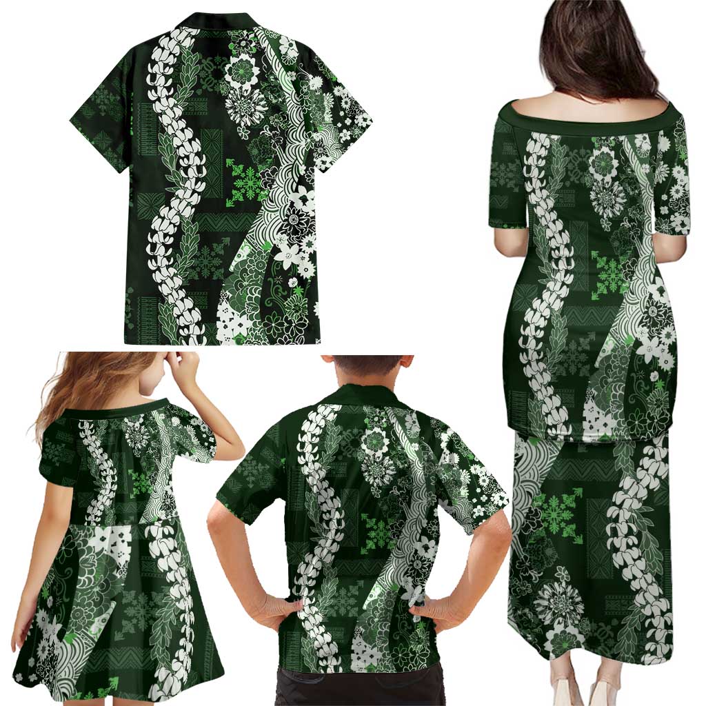 Hawaii Puakenikeni and Maile Lei Family Matching Puletasi and Hawaiian Shirt Green Japanese Wave Style LT9 - Polynesian Pride