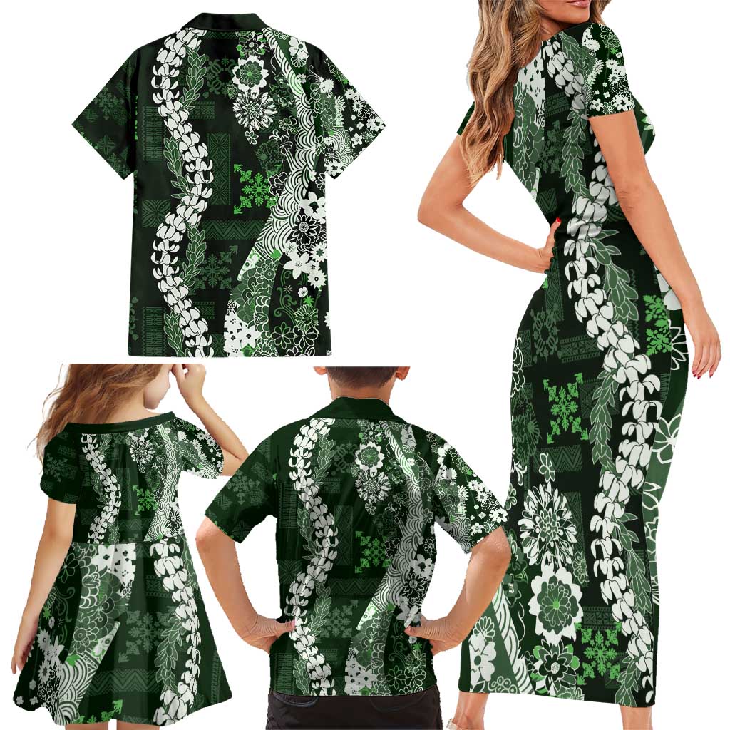 Hawaii Puakenikeni and Maile Lei Family Matching Short Sleeve Bodycon Dress and Hawaiian Shirt Green Japanese Wave Style LT9 - Polynesian Pride