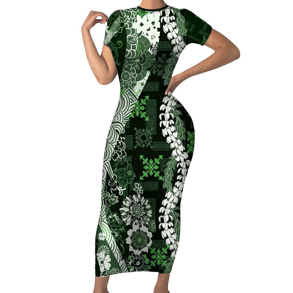 Hawaii Puakenikeni and Maile Lei Family Matching Short Sleeve Bodycon Dress and Hawaiian Shirt Green Japanese Wave Style LT9 Mom's Dress Green - Polynesian Pride