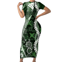 Hawaii Puakenikeni and Maile Lei Family Matching Short Sleeve Bodycon Dress and Hawaiian Shirt Green Japanese Wave Style LT9 Mom's Dress Green - Polynesian Pride