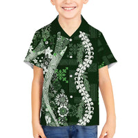 Hawaii Puakenikeni and Maile Lei Family Matching Short Sleeve Bodycon Dress and Hawaiian Shirt Green Japanese Wave Style LT9 Son's Shirt Green - Polynesian Pride