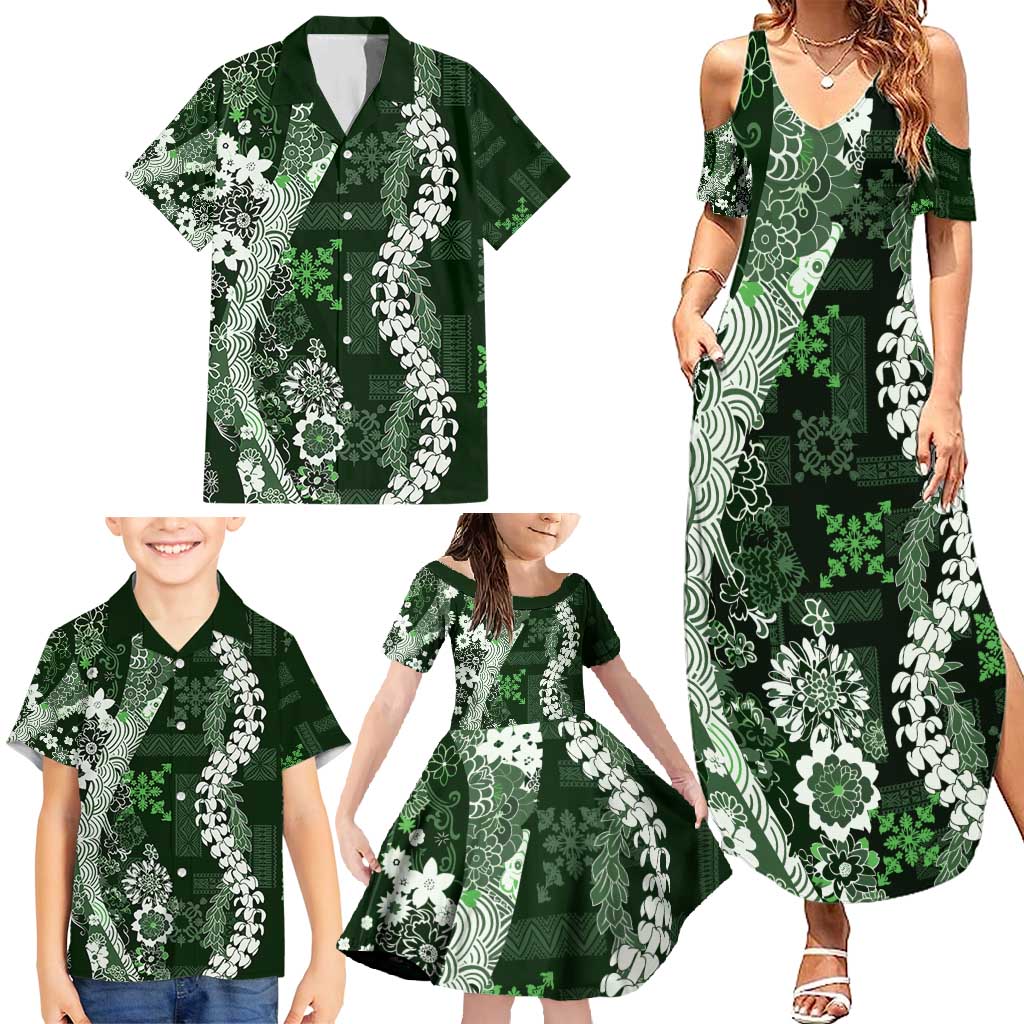 Hawaii Puakenikeni and Maile Lei Family Matching Summer Maxi Dress and Hawaiian Shirt Green Japanese Wave Style LT9 - Polynesian Pride