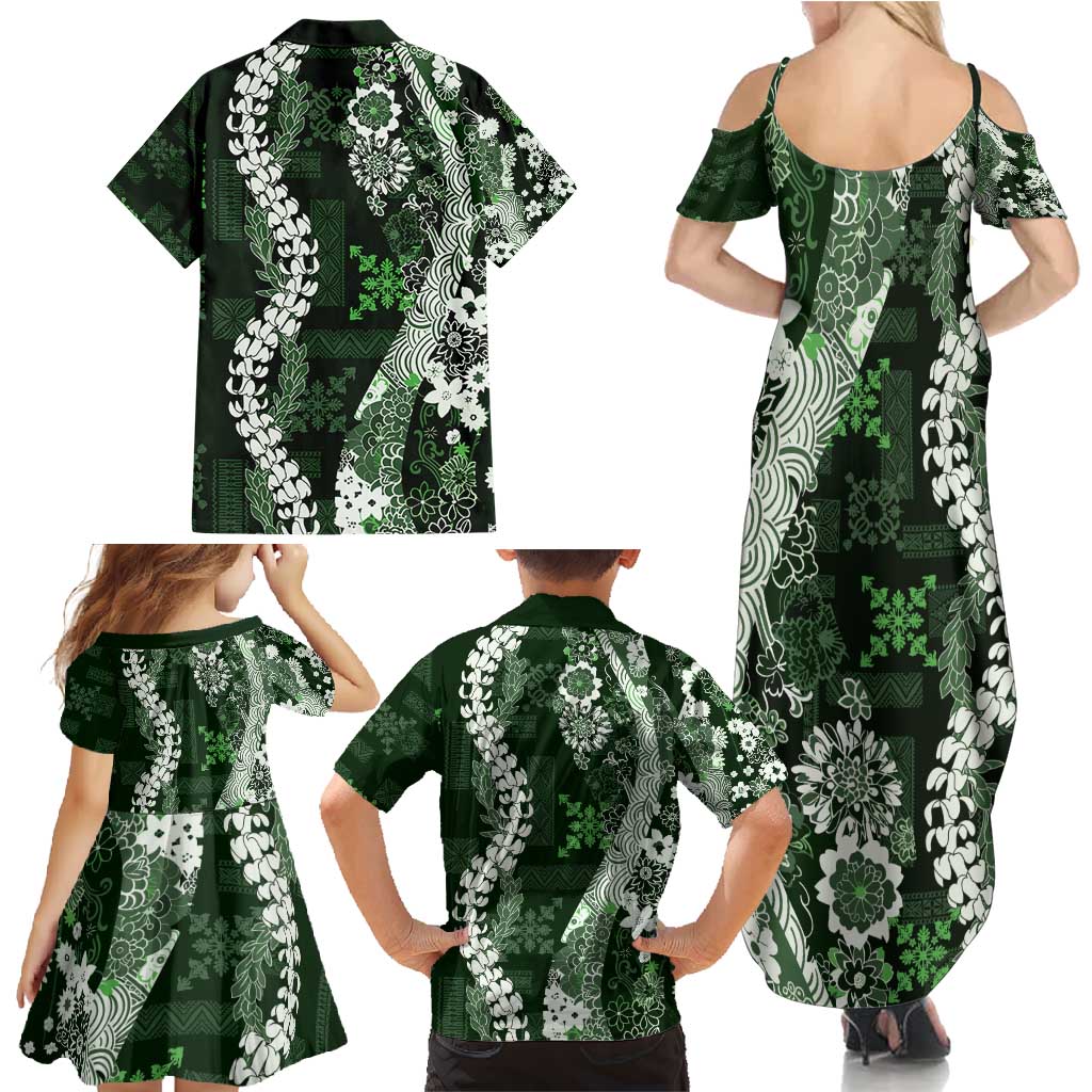 Hawaii Puakenikeni and Maile Lei Family Matching Summer Maxi Dress and Hawaiian Shirt Green Japanese Wave Style LT9 - Polynesian Pride