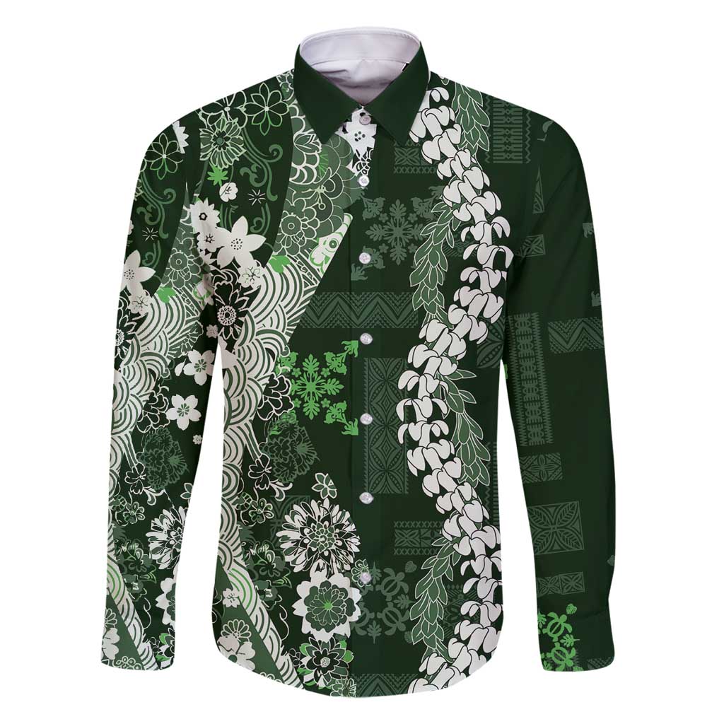 Hawaii Puakenikeni and Maile Lei Family Matching Summer Maxi Dress and Hawaiian Shirt Green Japanese Wave Style LT9 Dad's Shirt - Long Sleeve Green - Polynesian Pride