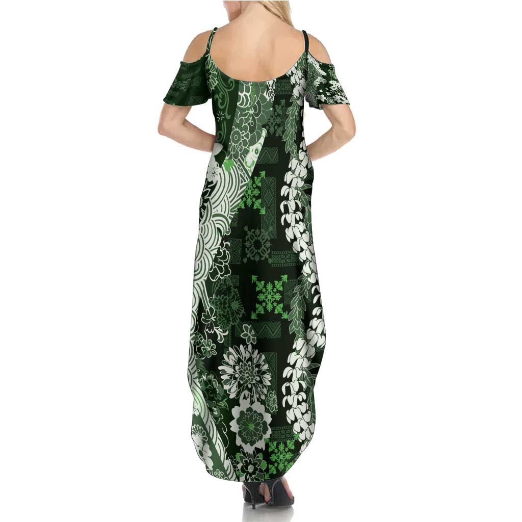 Hawaii Puakenikeni and Maile Lei Family Matching Summer Maxi Dress and Hawaiian Shirt Green Japanese Wave Style LT9 - Polynesian Pride