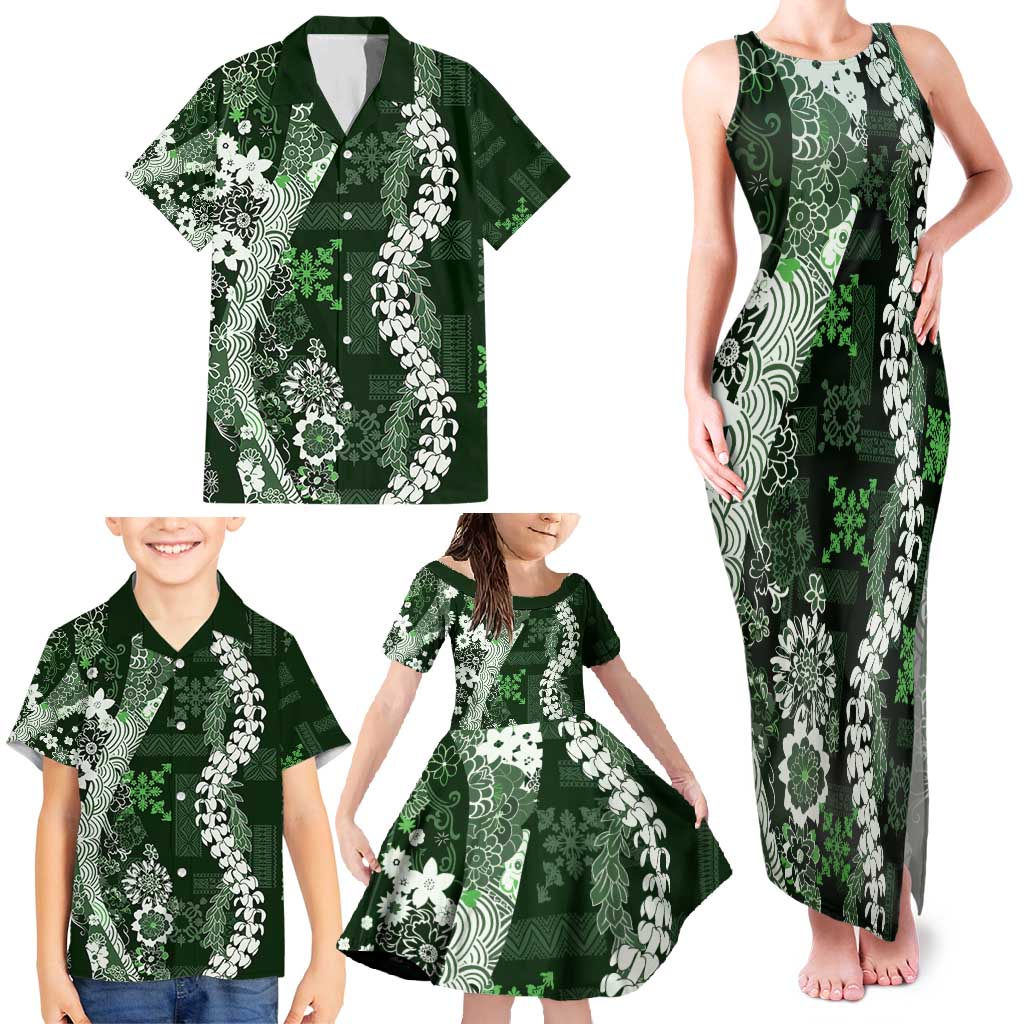 Hawaii Puakenikeni and Maile Lei Family Matching Tank Maxi Dress and Hawaiian Shirt Green Japanese Wave Style LT9 - Polynesian Pride